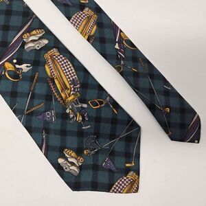 COUNTESS MARA SILK TIE GREEN BLACK GOLD PLAID GOLF THEME 3.75" X 56"
